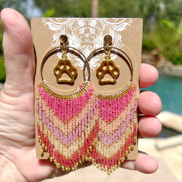 Handmade Beaded Long Fringe Paw Love Dangle Drop Lightweight Post Hoop Earrings - Picture 3 of 9